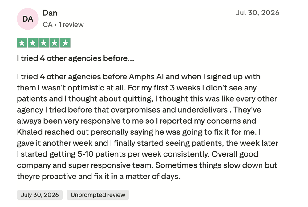 Verified five-star review from Dan describing 5 to 10 patients per week after a slow start
